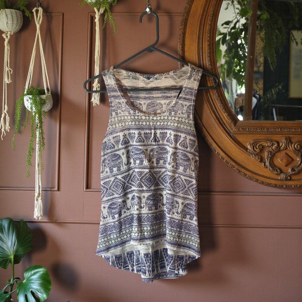 Elephant Print Racerback Tank Top Boho Tribal Festival Hi Low Hem Women’s S M